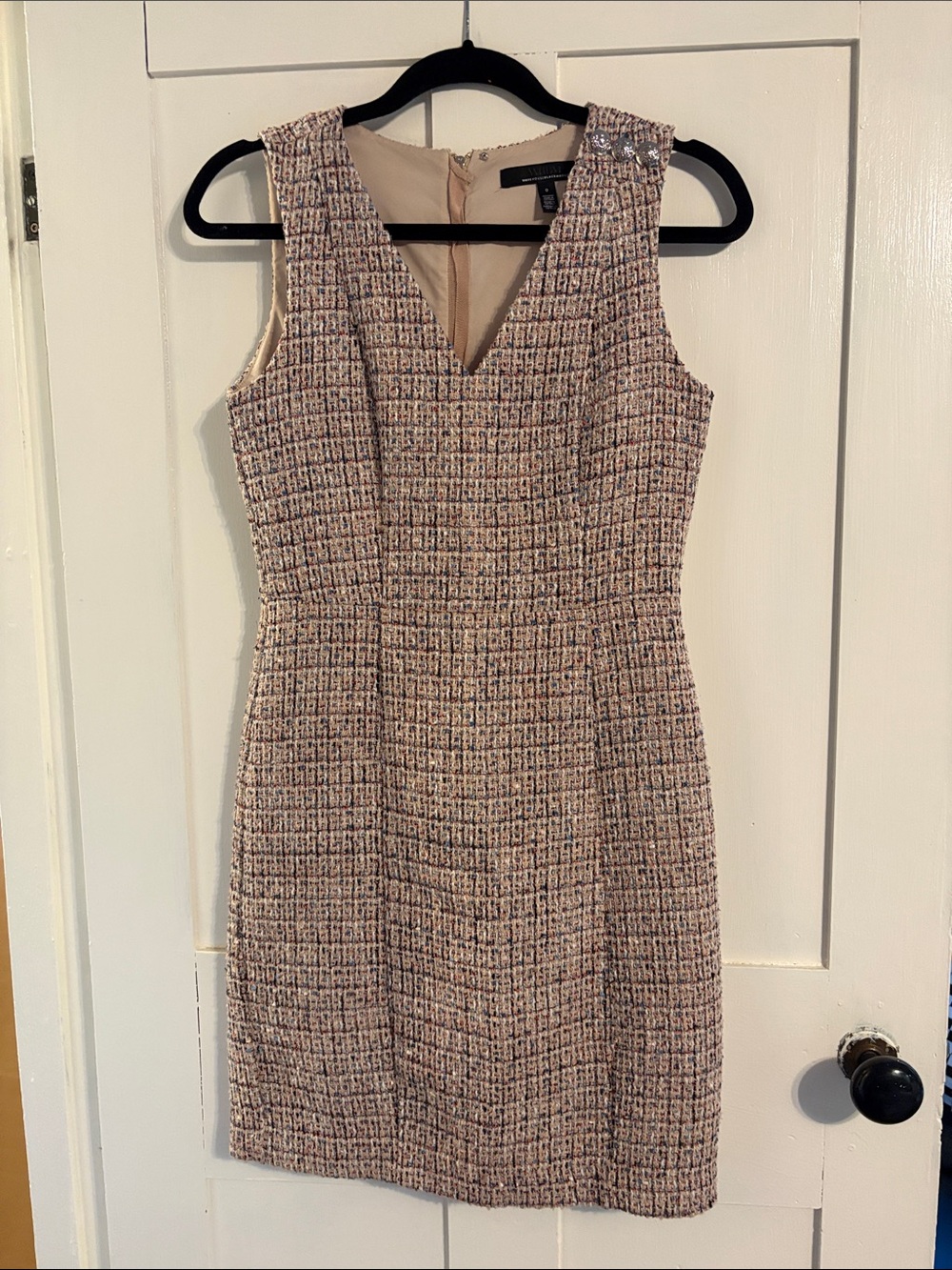 White House Black Market Pink and Beige Tweed V-Neck Sheath Dress